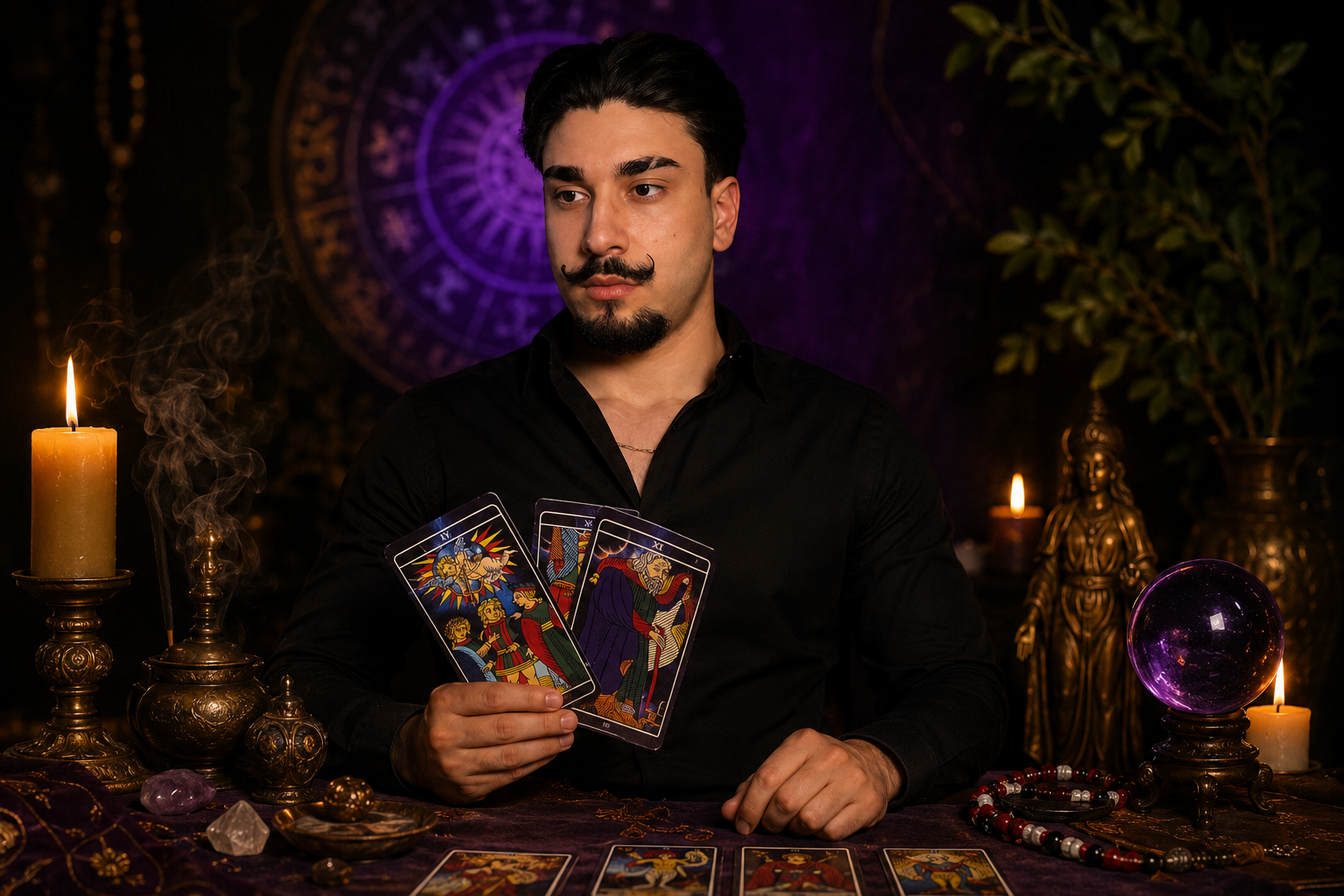 Mestre Lucas segurando cartas de tarot em sua mesa de trabalho