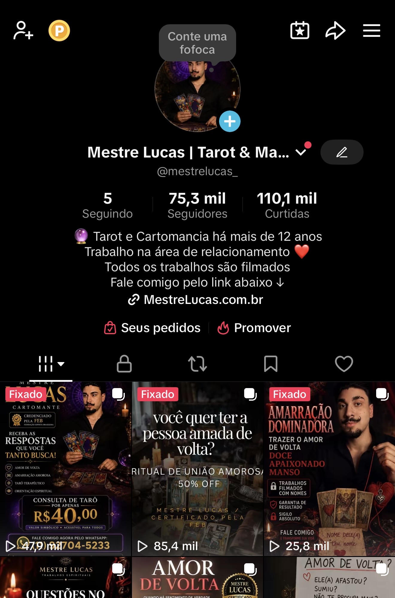 Perfil oficial do Mestre Lucas no TikTok: @mestrelucas_ com 75,3 mil seguidores e 110,1 mil curtidas