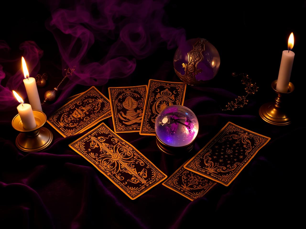 Mesa de tarot com velas usada nos trabalhos do Mestre Lucas